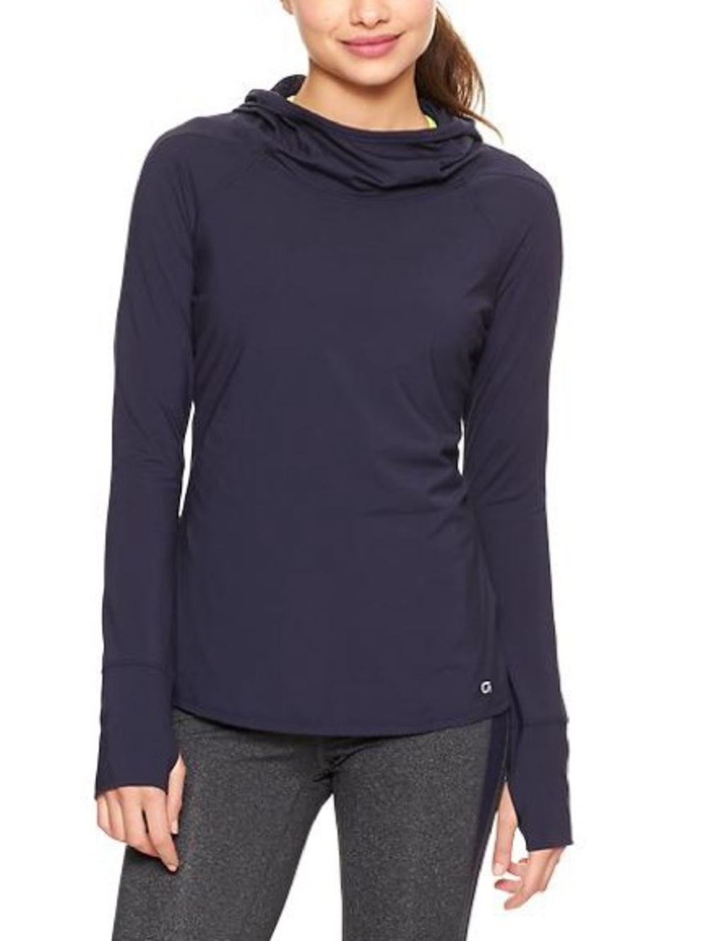 GapFit brushed running hoodie, Navy Blue, Performance Top, Thumbhole Shirt